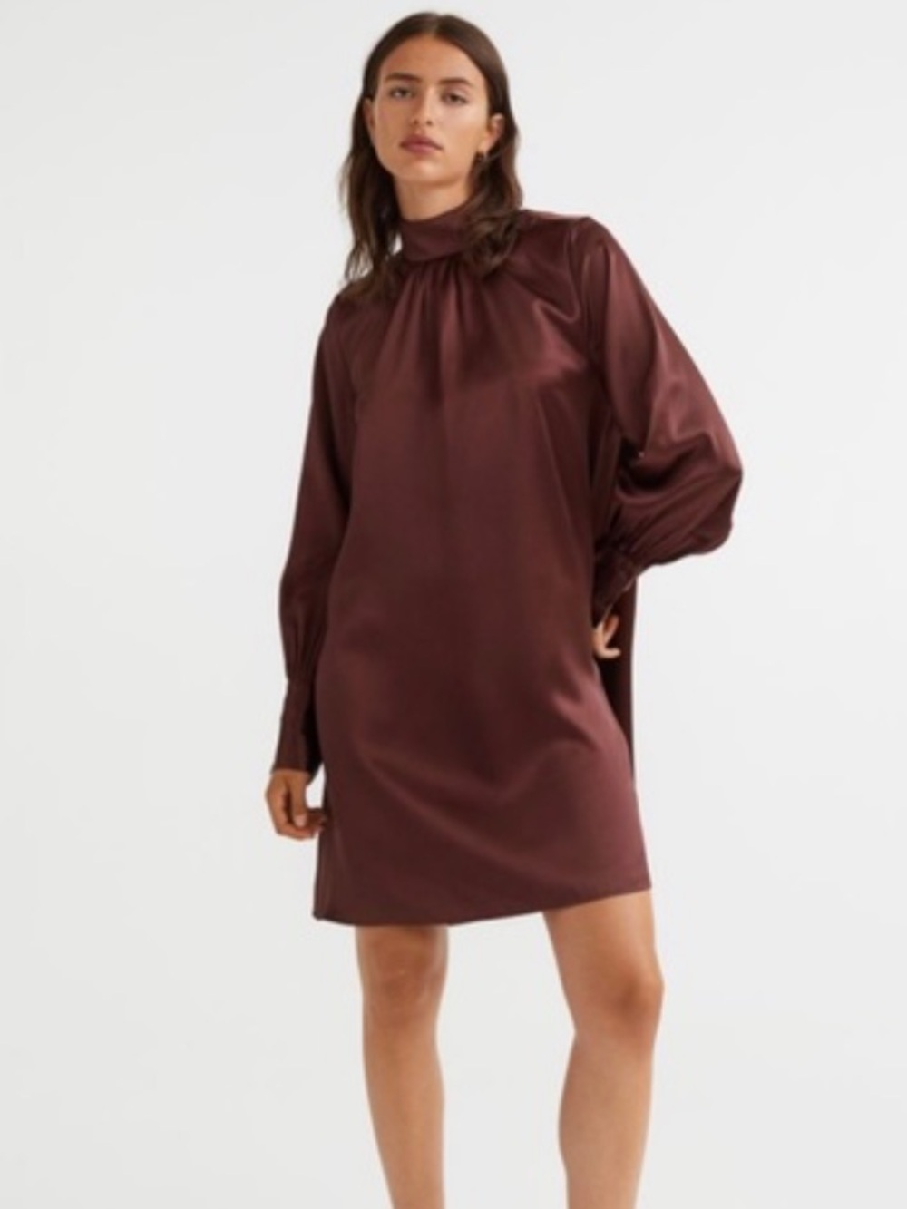 H&M Satin Long-Sleeve Mini Dress in Burgundy Brown